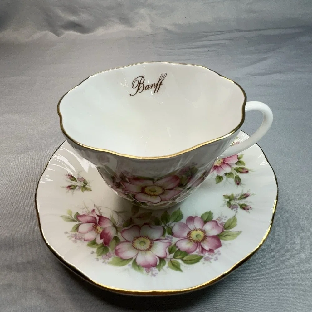 Queen's Prairie Rose‎ Tea Cup and Saucer Banff Alberta England Bone China